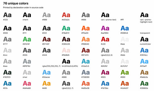 使用的顏色概述，按源代碼中的聲明順序打印，帶有CSS Stats